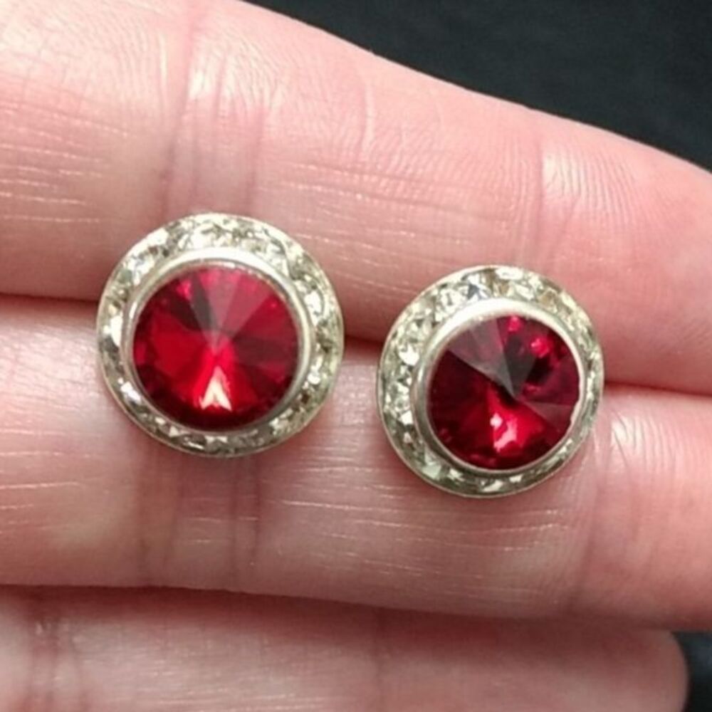 Silver tone red circular earrings round colorful